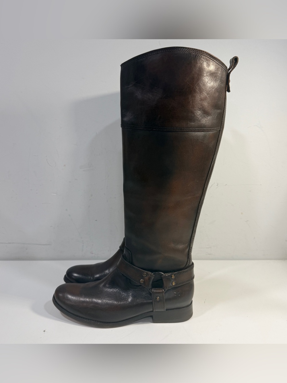 FRYE Melissa Harness Inside Zip Tall Dark Brown Leather Riding Boots Size 8.5B